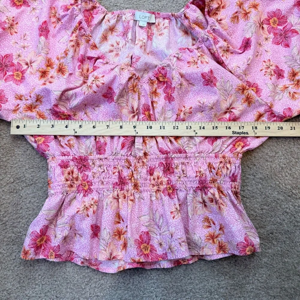 Floral Peplum Blouse Pink Puff Sleeve Cottagecore Boho Soft Modal Large by LOFT